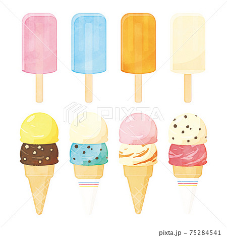 アイスキャンデーとアイスクリームの水彩風イラストのイラスト素材