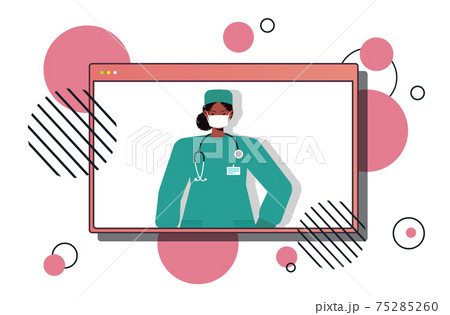 female doctor in web browser window wearing mask to prevent coronavirus pandemic online medical consultation 75285260