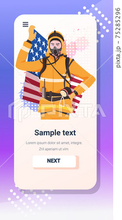 firefighter in uniform holding USA flag happy labor day celebration self isolation concept 75285296