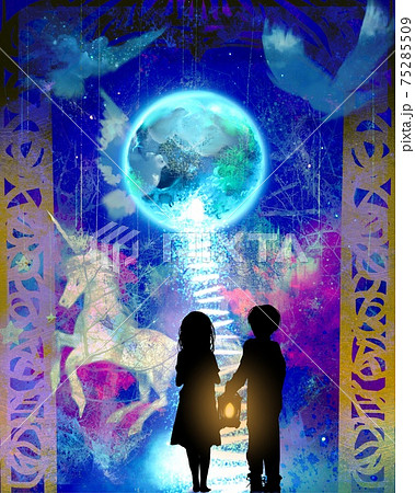 青く輝く満月に続く階段と捨てられた幼い兄弟と美しい古城とユニコーンと鳩のイラストのイラスト素材