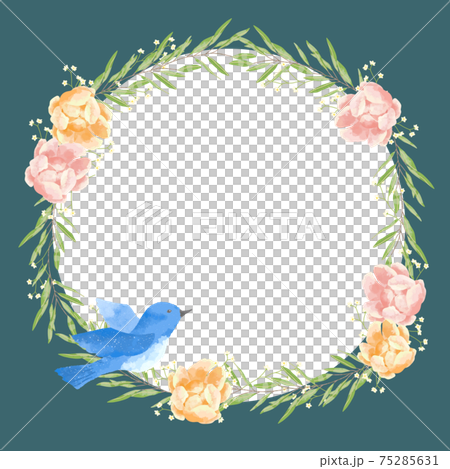 A frame of blue birds, roses, forget-me-nots and eucalyptus that carry happiness with a gentle touch A frame of blue birds, roses, forget-me-nots and eucalyptus that carry happiness with a gentle touch 75285631