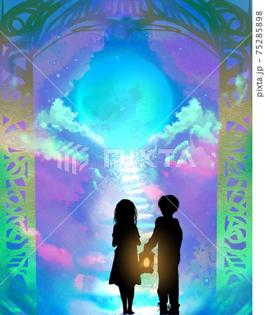 門の向こうに見える青い満月とランプを持った捨て子の兄弟が冥界を歩くイラスト 門の向こうに見える青い満月とランプを持った捨て子の兄弟が冥界を歩くイラスト 75285898