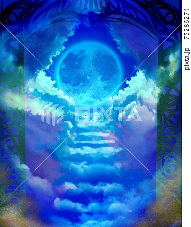 天界へ続く雲の階段と青空に光り輝く月光と青い惑星 75286274