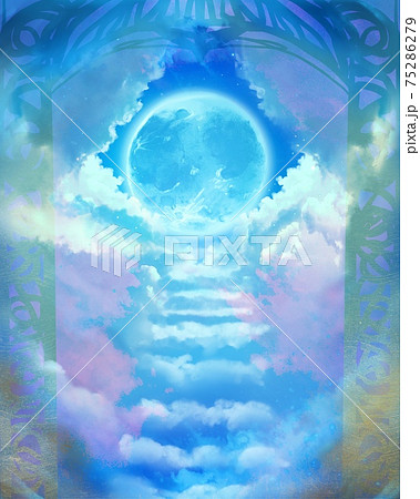 天界へ続く雲の階段と青空に光り輝く月光と青い惑星のイラスト素材 