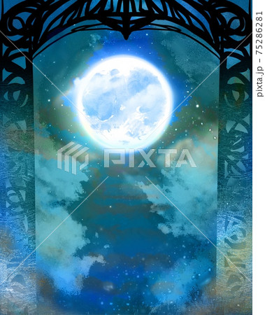 天界へ続く雲の階段と青空に光り輝く月光と青い惑星 75286281