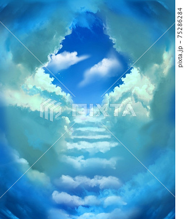天界へ続く雲の階段と青空に光り輝く月光と青い惑星 75286284