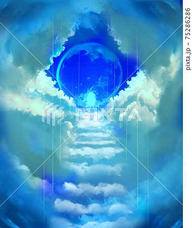 天界へ続く雲の階段と青空に光り輝く月光と青い惑星 75286286