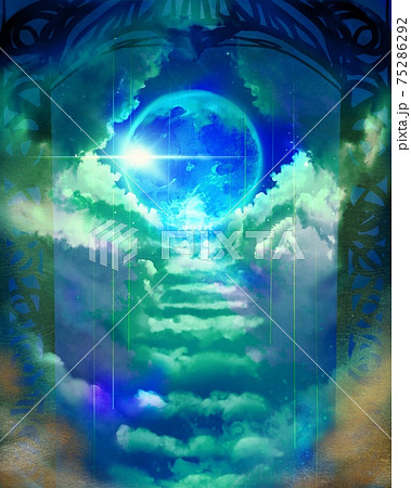 天界へ続く雲の階段と青空に光り輝く月光と青い惑星 75286292