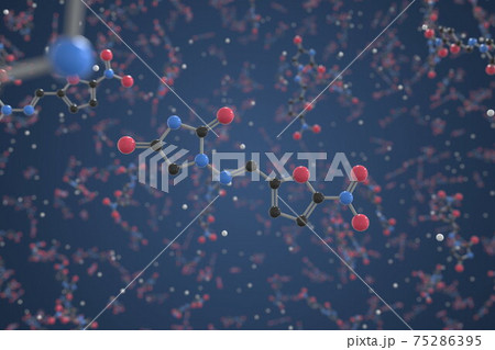 Molecule of Nitrofurantoin. Molecular model, science related 3d rendering 75286395