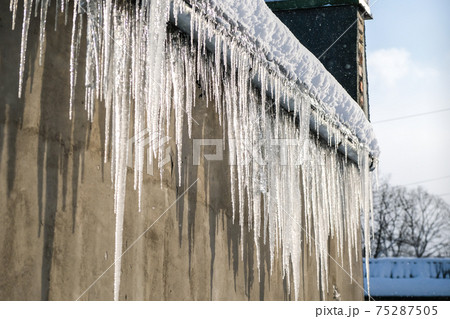 Big, sharp icicles and melted snow hanging from eaves of roof. Beautiful transparent icicles slowly gliding of a roof. 75287505