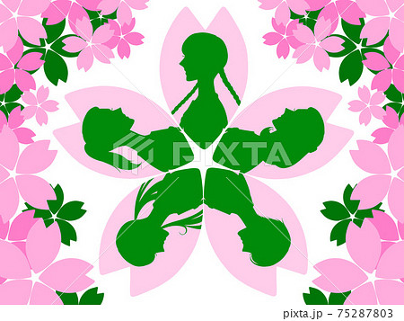 桜の花に浮かぶ女学生たちのシルエットイラストのイラスト素材