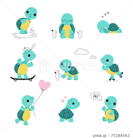 Cute Turtle With Shell And Short Feet Waving のイラスト素材