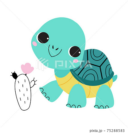 Cute Turtle With Shell And Short Feet Walking のイラスト素材 7525