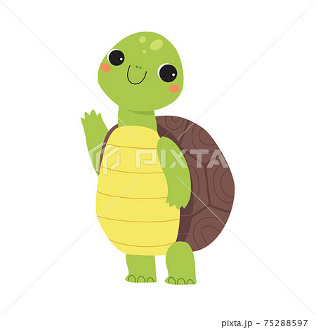 Happy Green Turtle Standing and Waving Paw Vector Illustration 75288597