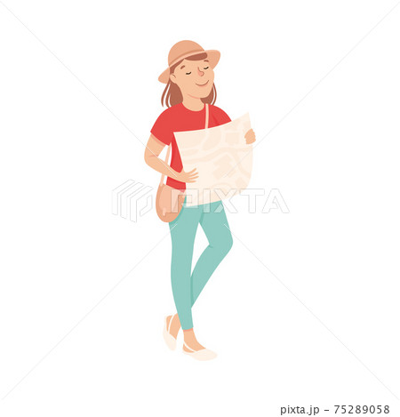 Cheerful Young Woman with Map Looking for Route, Girl Tourist Travelling on Summer Vacation Cartoon Vector Illustration Cheerful Young Woman with Map Looking for Route, Girl Tourist Travelling on Summer Vacation Cartoon Vector Illustration 75289058