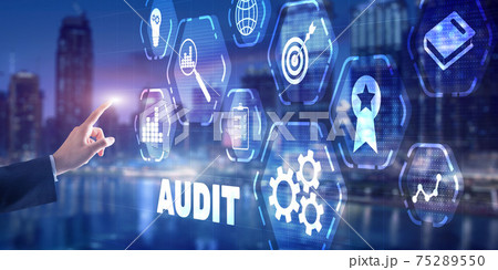 Businessman is selecting Audit on the virtual screen on city background 75289550