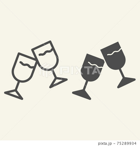 Wine glasses line and solid icon. Two cheering glass outline style pictogram on white background. Couple of champagne glasses clinking for mobile concept and web design. Vector graphics. Wine glasses line and solid icon. Two cheering glass outline style pictogram on white background. Couple of champagne glasses clinking for mobile concept and web design. Vector graphics. 75289934