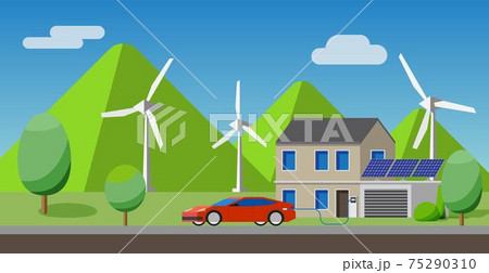 Electric car charging at the charger at house, solar panels, wind turbines in background. 75290310
