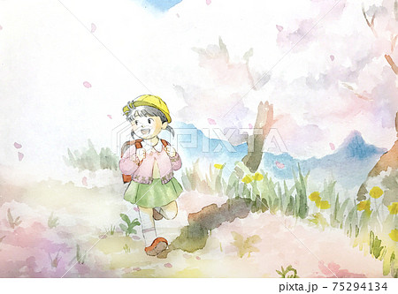 桜とランドセルの女の子の水彩イラストのイラスト素材