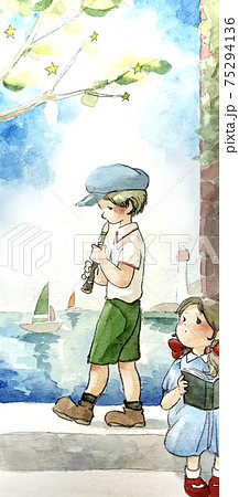 リコーダーを吹く男の子と本を読む女の子の水彩イラストのイラスト素材