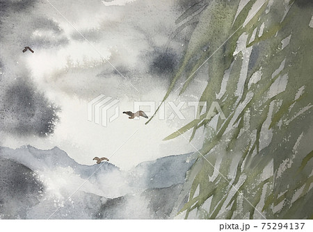 柳と靄のかかった風景の水彩イラスト 75294137