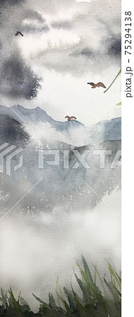 靄のかかった山の峰の水彩イラスト 靄のかかった山の峰の水彩イラスト 75294138