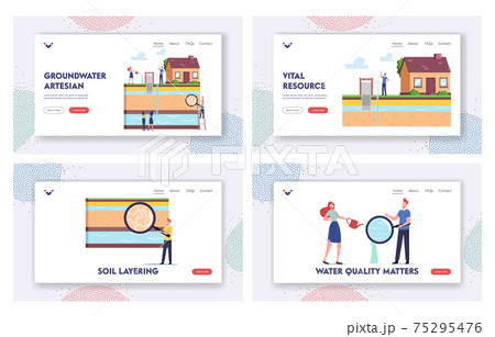 Groundwater or Artesian Water Extraction Landing Page Template Set. Characters with Magnifier Presenting Well Drilling Groundwater or Artesian Water Extraction Landing Page Template Set. Characters with Magnifier Presenting Well Drilling 75295476