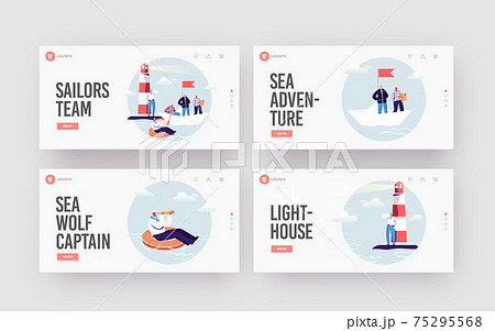 Sailors Landing Page Template Set. Ship Crew in Uniform at Beacon. Captain, Sailors in Stripped Vest on Paper Boat 75295568