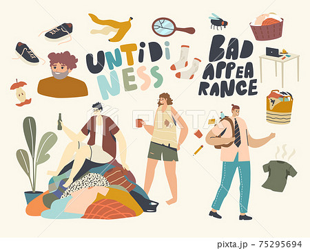 Untidiness, Hygiene or Unsanitary Conditions Concept. People in Dirty Clothes with Stains Living in Garbage and Mess 75295694