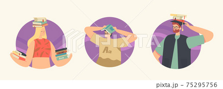 Set of Icons Readers Reading Holding Books Above Heads. Young People Students or Bookworms Spend Time in Library 75295756