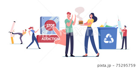 Stop Addiction, Healthy Life Concept. Characters Give Up Smoking, Drugs and Unhealthy Eating. People Fight with Drugs Stop Addiction, Healthy Life Concept. Characters Give Up Smoking, Drugs and Unhealthy Eating. People Fight with Drugs 75295759