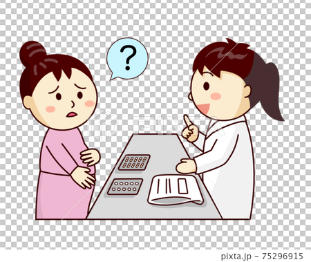 Pregnant woman asking a female pharmacist a question about medicine 75296915