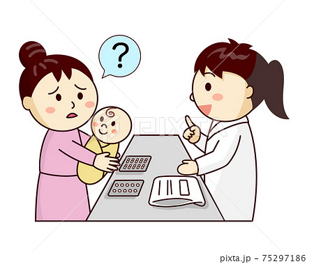 女性薬剤師に薬の相談をする授乳中のお母さん 女性薬剤師に薬の相談をする授乳中のお母さん 75297186