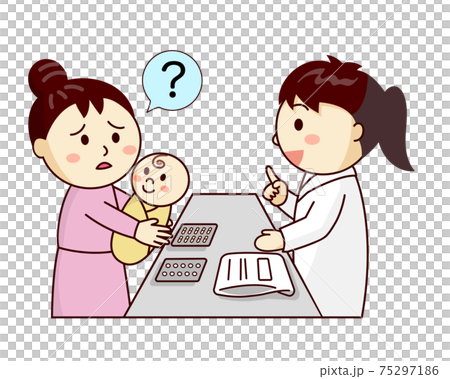 女性薬剤師に薬の相談をする授乳中のお母さん 女性薬剤師に薬の相談をする授乳中のお母さん 75297186