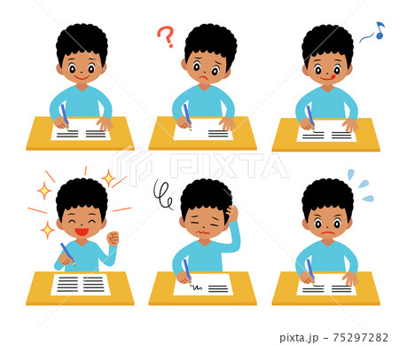 勉強する男の子 いろいろな表情セットのイラスト素材