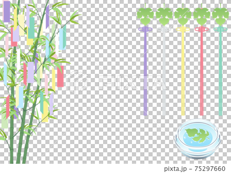 七夕飾り 笹に短冊と梶の葉と五色の糸のイラスト素材