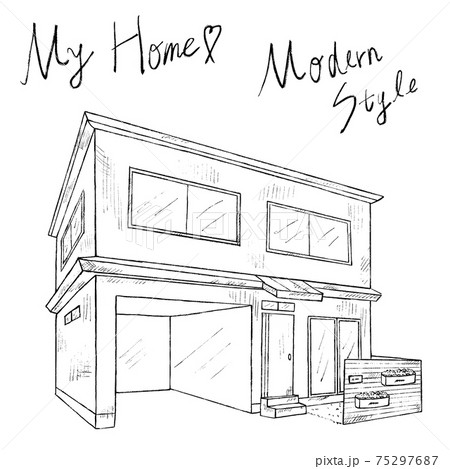 モダンスタイルの家の白黒手書きイラストイメージ モダンスタイルの家の白黒手書きイラストイメージ 75297687