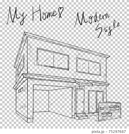モダンスタイルの家の白黒手書きイラストイメージ モダンスタイルの家の白黒手書きイラストイメージ 75297687