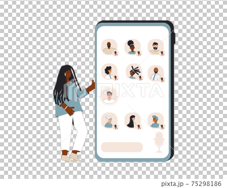 Online conference with different people. Social media networking app. Audio chat. Talking with friends with woice and phone. Online conference with different people. Social media networking app. Audio chat. Talking with friends with woice and phone. 75298186