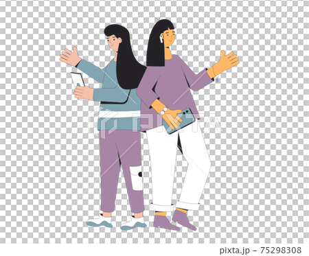 Two teenagers call friends or listening to music, podcast. Friendship. Young couple standing together with phones and headphones isolated on white background. Vector illustrator. 75298308