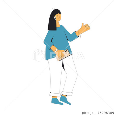 Female teenager listening to music, podcast, audiobook, lecture. Young woman standing with phone and headphones isolated on white background. Social media. 75298309