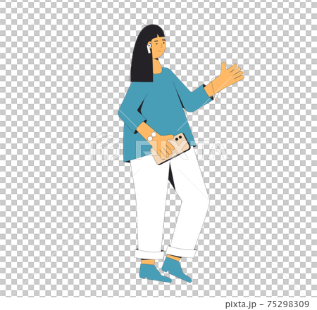 Female teenager listening to music, podcast, audiobook, lecture. Young woman standing with phone and headphones isolated on white background. Social media. 75298309