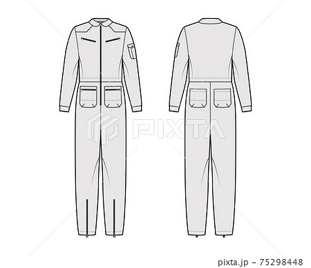 Aviator jumpsuit overall dungarees technical fashion illustration with full length, normal waist, zip pockets, oversized Aviator jumpsuit overall dungarees technical fashion illustration with full length, normal waist, zip pockets, oversized 75298448