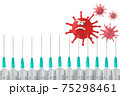 Sad coronavirus and injection syringes fence illustration 75298461