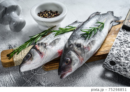 Raw seabass fish on a cutting board with spices, herbs. White background. Top view 75298851