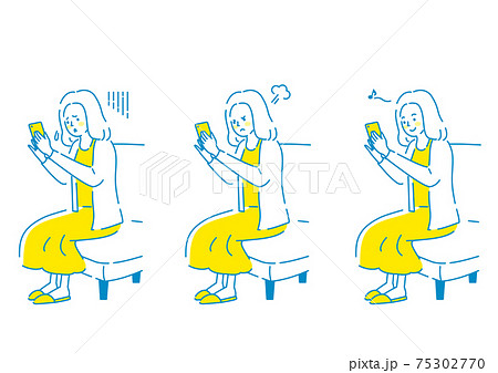 スマートフォンを見つめるの若い女性の表情セット 75302770