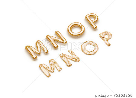 Inflated, deflated gold M N O P letters, balloon font 75303256