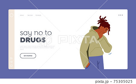 Say No to Drugs, Teenage Boy Negative Feelings Expression Landing Page Template. Teenager Male Character Show Refusal 75305025