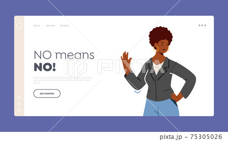 African Woman Express Negative Emotion, Disagree Feelings Gesturing Landing Page Template. Female Character Stop Gesture 75305026