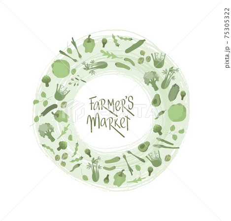 Green shop sign with green outline vegetables frame. Handwritten lettering fresh font for sign shop, window sticker supermarket, poster. Vector stock illustration isolated on white background. Green shop sign with green outline vegetables frame. Handwritten lettering fresh font for sign shop, window sticker supermarket, poster. Vector stock illustration isolated on white background. 75305322